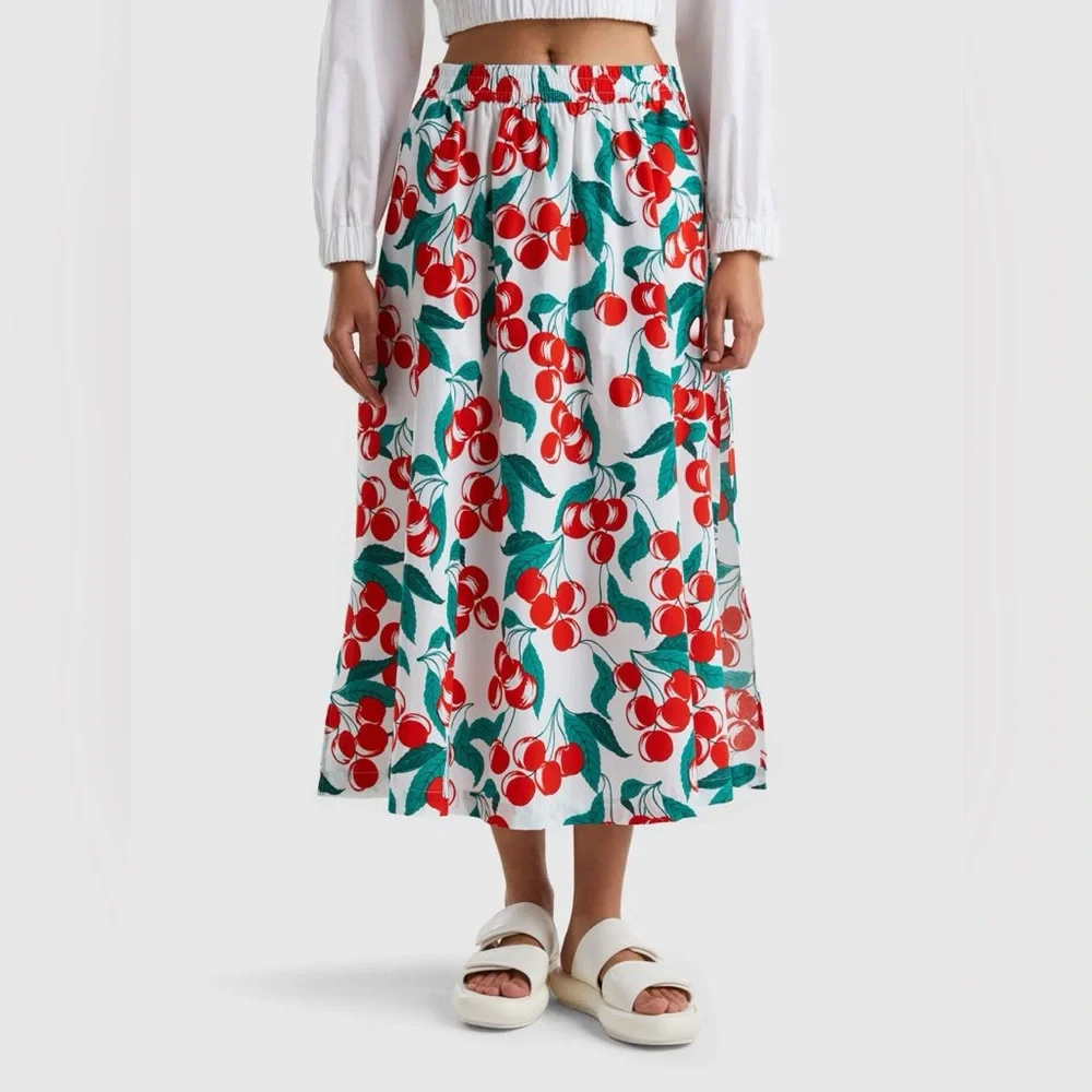 Benetton Cherry Print Set Crop Top & Midi Skirt – Size S - Picture 15 of 15